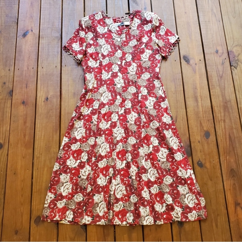 Vintage 80's 90's Red Roses Corset Back Maxi Dress Size 14/XL